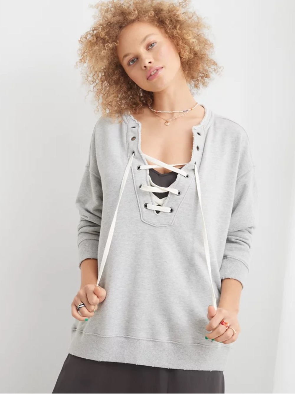 Aerie Sz M Lace Up Oversized Grey Crew Relaxed Casual Sweatshirt Sweater